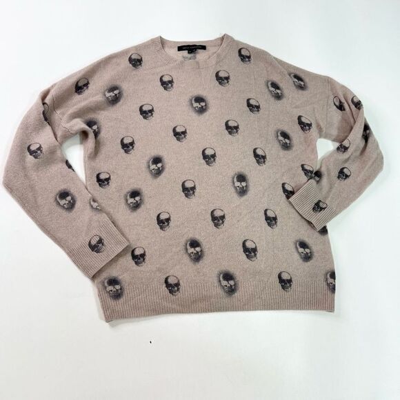 Skull Cashmere Pullover Sweater Womens Medium Pink Skull Print Crew Neck Ribbed - Picture 1 of 9